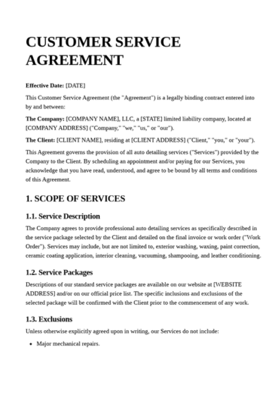 Detailing Business Customer Service Aggrement